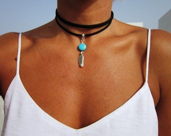 collier turquoise, bijoux turquoise choker, collier choker boho, colliers perlés, chokers