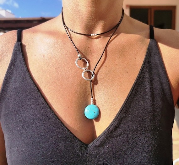 turquoise jewelry, lariat y necklace, turquoise necklace, layer necklace set, silver and leather necklace for women, handmade jewelry