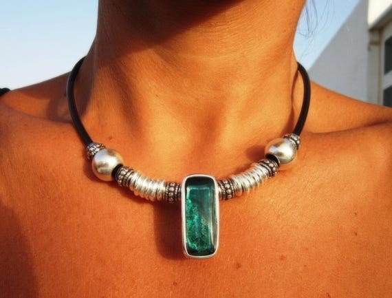 Silver Beaded Green Necklace with emerald Crystal Charm • Bohemian Personalized Handmade Jewelry • Best selling items Custom Gift for her