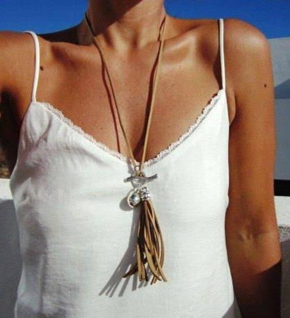 Boho Leather and Silver Beaded Pendant Necklace • Long Statement Chunky Charm Necklace Host Gift for Her • Bohemian Jewelry by kekugi
