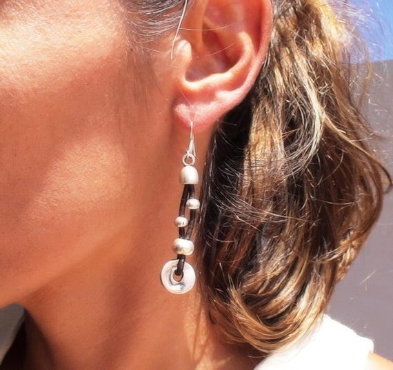 Statement drop beaded silver earrings • personalized jewelry gift for her • Drop beaded boho earrings dangle • Handmade jewelry by kekugi