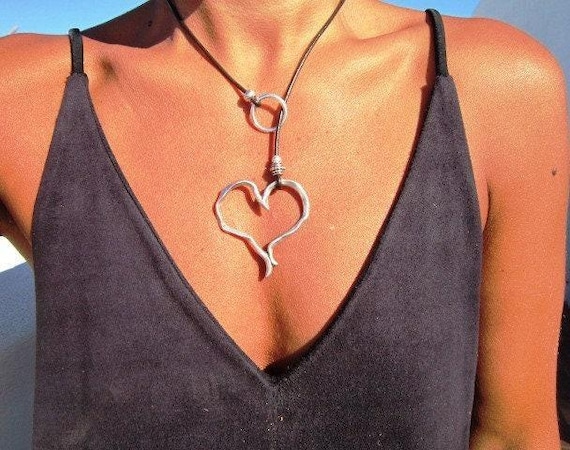 Silver Heart Lariat Necklace Womens Circle Y Necklace Personalized Bohemian Jewelry Gift