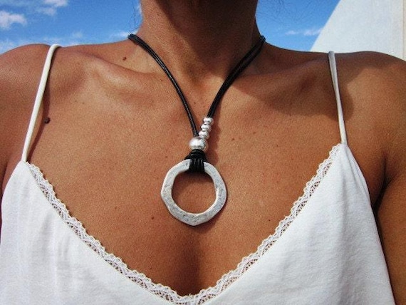 Boho Leather and Silver Beaded Pendant Ring Necklace • Long Statement Chunky Charm Necklace Gift for Her • Bohemian Jewelry by Kekugi