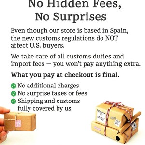 The image is a promotional poster for a store that does not charge hidden fees or surprise additional charges. It emphasizes the store's commitment to transparency and customer satisfaction, stating that the final price at checkout is the final price, and that the store takes care of all customs duties and import fees. The poster also encourages customers to shop with confidence, knowing that their order is fully protected and worry-free.