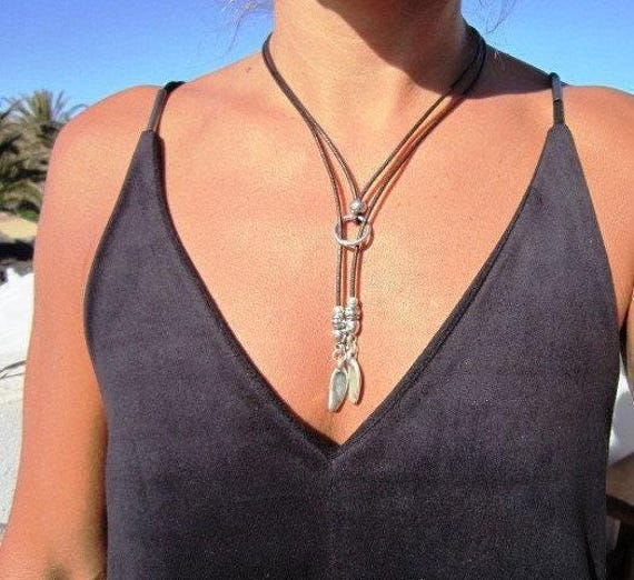 Feather Lariat Necklace Long Silver Y Necklace  Fashion Jewelry with Ring Accent