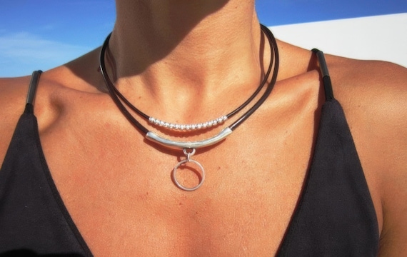 Beaded and layered Silver and leather Charm ring holder Necklace • Personalized Handmade Jewelry Necklaces for Women • Best selling items