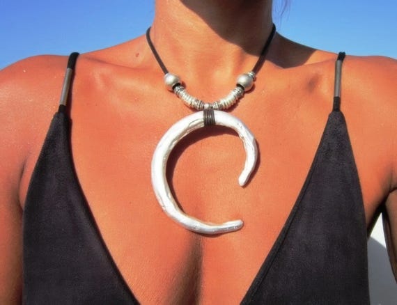 Silver Beaded Necklace with Crescent Moon Charm • Bohemian Handmade jewelry • Necklaces for Women • Personalized Jewelry Gift for Her