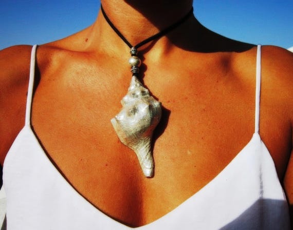 long leather necklace, necklace with shell, silver shell pendant, bohemian jewelry, boho necklace, shell jewelry, summer jewelry