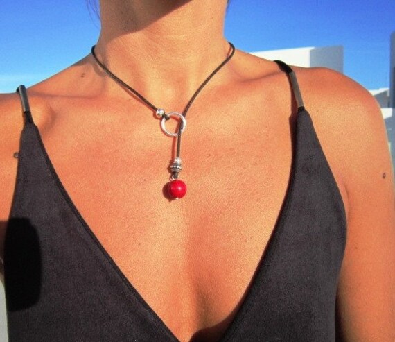 red stone leather necklace, lariat necklace, y necklace, y silver necklace, bohemian jewelry, silver necklace