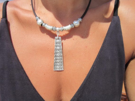 womens leather choker necklace, boho bohemian jewelry, silver unique necklaces, handmade etsy jewelry