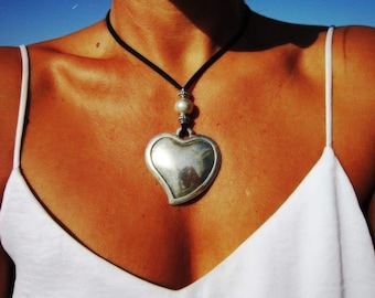 Best selling items Silver Everyday Heart Pendant Silver Beaded Necklace • Couples Long Chunky Necklace Gift for Her • Personalized Jewelry