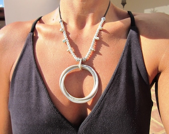 Statement Silver Chunky Pendant leather neotribal Necklace • Bohemian Jewelry Best Selling Items • Gift for Her • Neotribal Jewelry