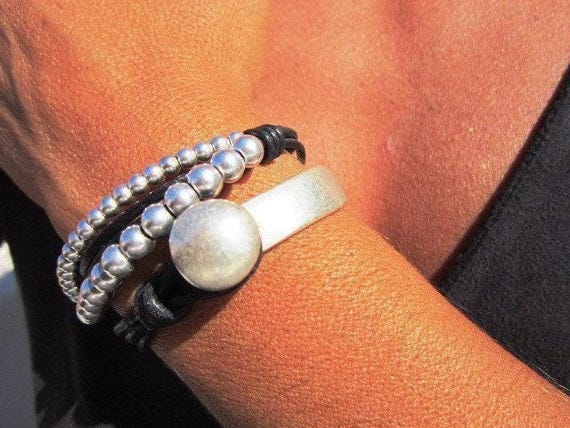 Beaded Leather Bracelet Personalized Gifts • Silver Custom Bracelet • Personalized Handmade Jewelry Gift for Her by Kekugi Bohemian jewelry