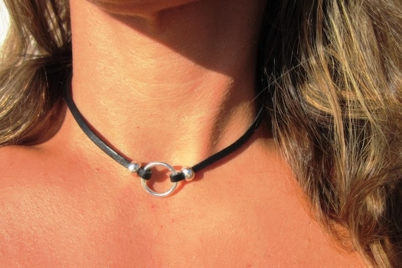 Discreet collar Leather Choker Necklace beaded with ring charm • Custom Personalized Jewelry gift by kekugi