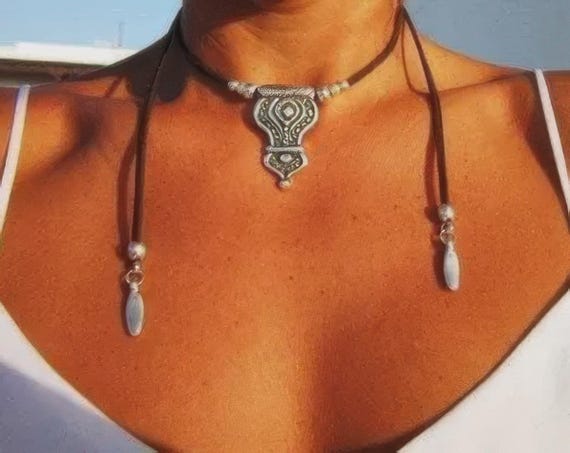 Boho Leather and Silver Beaded Pendant Necklace • Long Statement Chunky Charm Necklace Gift for Her • Bohemian Jewelry Galentine Gift