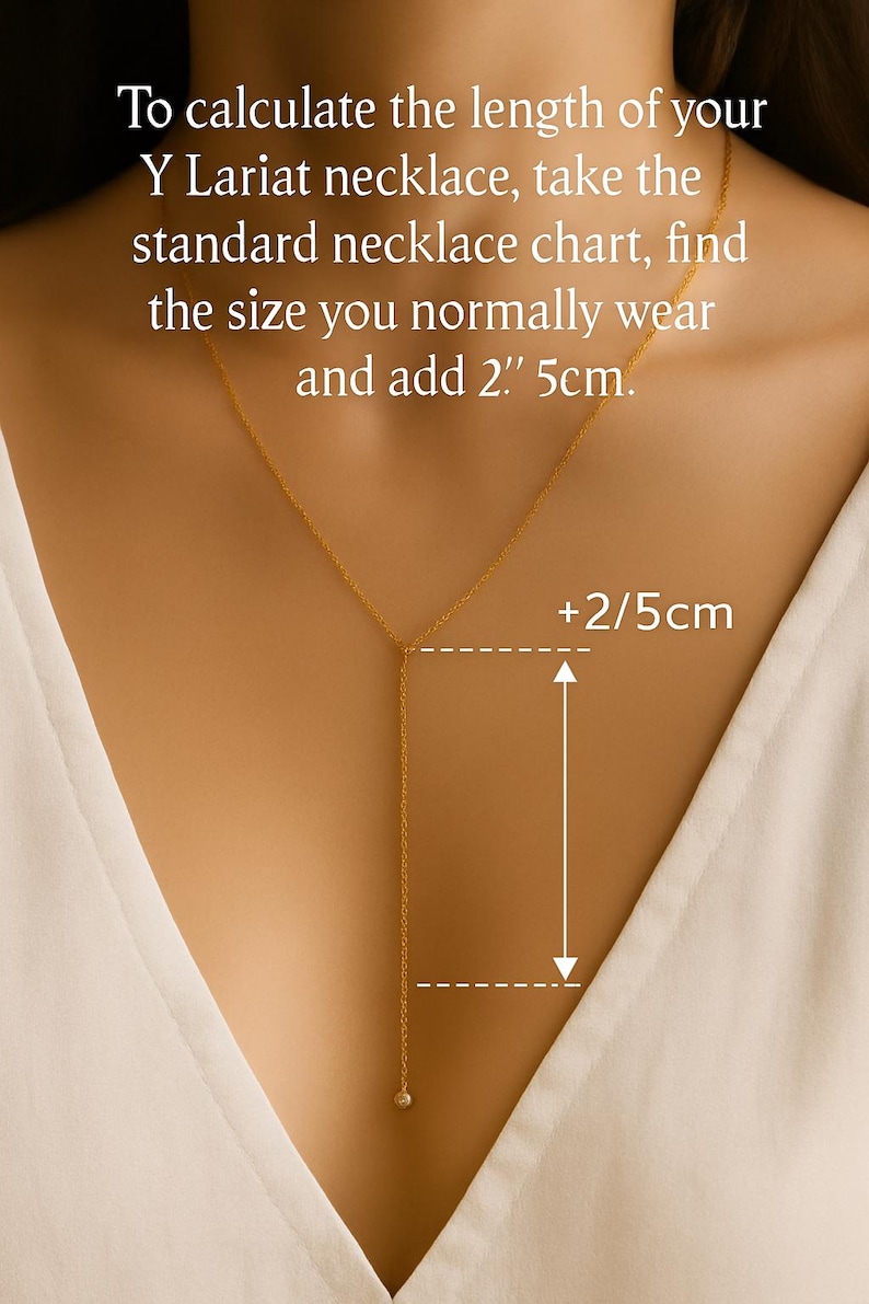 a close-up of a person's neck and chest area, with instructions on how to measure the length of a Yari necklace.