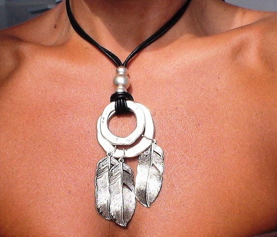 Silver Beaded Necklace with Ring  and feather Charm • Bohemian Handmade jewelry • Necklaces for Women • Personalized Jewelry Gift for Her