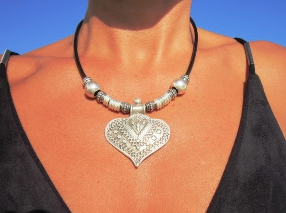 Heart statement boho chic silver pendant necklace, bohemian jewelry, leather handmade jewelry designs by kekugi, gift ideas for her