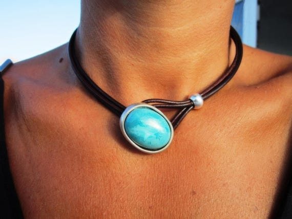 Turquoise Leather Choker Necklace • Silver Necklaces for Women • Bohemian Handmade Turquoise Jewelry • Best selling items by kekugi