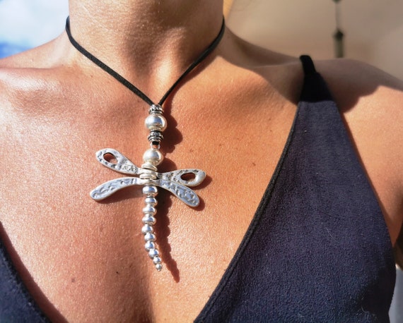 Dragonfly big pendant necklace, long necklaces, adjustable necklace, leather necklace, silver necklaces, kekugi handmade jewelry