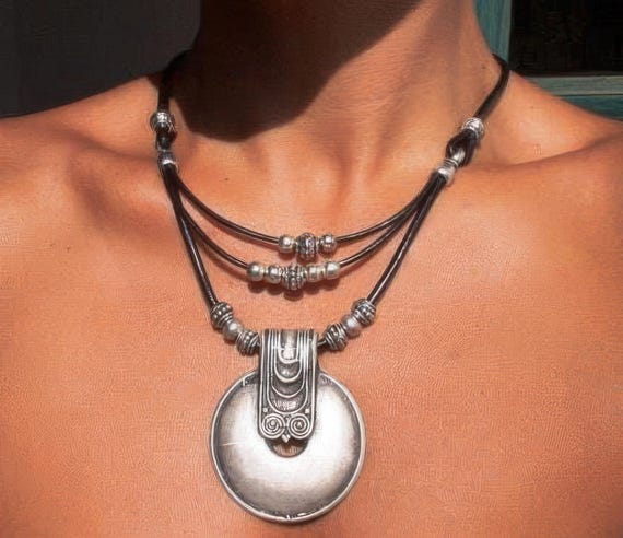 Handmade Leather Jewelry for Her • Custom Statement Silver Beaded Necklace with Pendant Charm • Personalized Jewelry • Best selling items
