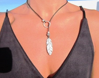 feather necklace, Y necklaces, lariat necklace, long necklaces, silver necklaces, fashion jewelry, ring necklace, silver ring, etsy rings