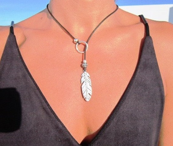 feather necklace, Y necklaces, lariat necklace, long necklaces, silver necklaces, fashion jewelry, ring necklace, silver ring, etsy rings