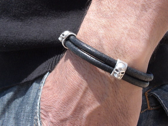 skull silver and Leather mens bracelet, friendship couples bracelet, men cuff bracelet, handmade silver mens jewelry, unique gifts for men