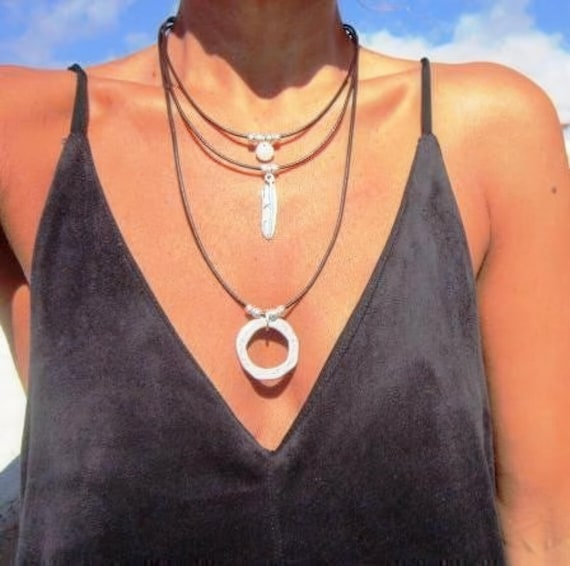 Layered Silver Beaded Necklace with charm • Couples Necklace with Charm • Handmade Personalized Bohemian Jewelry Gift for Her by Kekugi