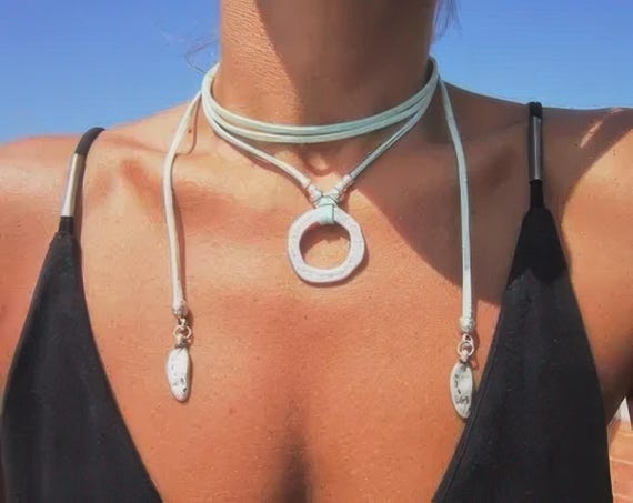 Statement layered silver pendant Necklace made in mint leather • layered beaded necklace • Bohemian Personalized Jewelry