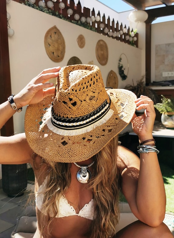 Bohemian beach festival hat with tassel, summer Hat, handmade straw sun hats, Boho cowboy hats for women, boho cowgirl hats for women