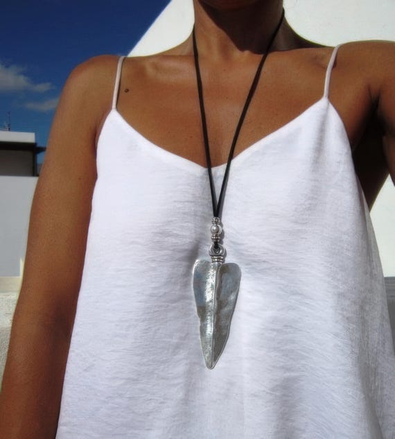 Boho Leather and Silver Beaded Pendant Necklace • Long Statement Chunky arrowhead Charm Necklace