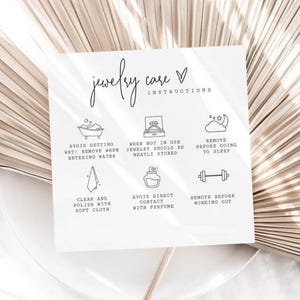 a set of instructions for taking care of jewelry, including avoiding getting wet, removing jewelry before sleeping, cleaning and polishing with soft cloth, avoiding direct contact with perfume, and removing before working out.