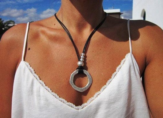 Boho Leather and Silver Beaded Pendant Ring Necklace • Long Statement Chunky Charm Necklace Gift for Her • Bohemian Jewelry by Kekugi