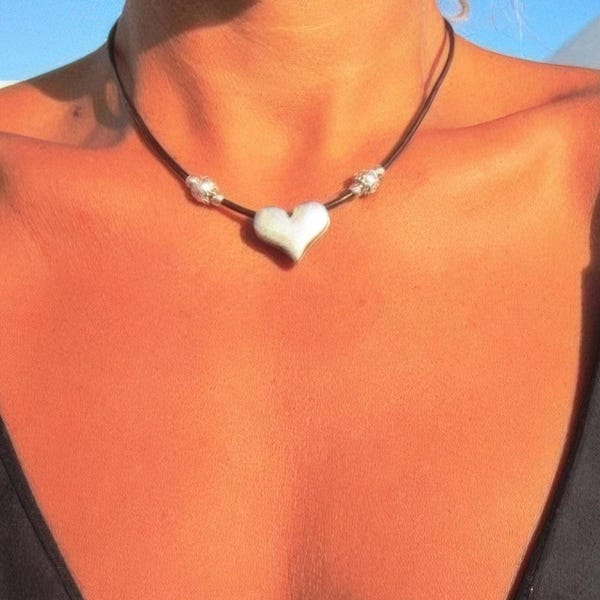 Couples Beaded Necklace with Silver Heart Pendant Charm • Bohemian Handmade jewelry Necklaces for Women • Personalized Jewelry Gift for Her