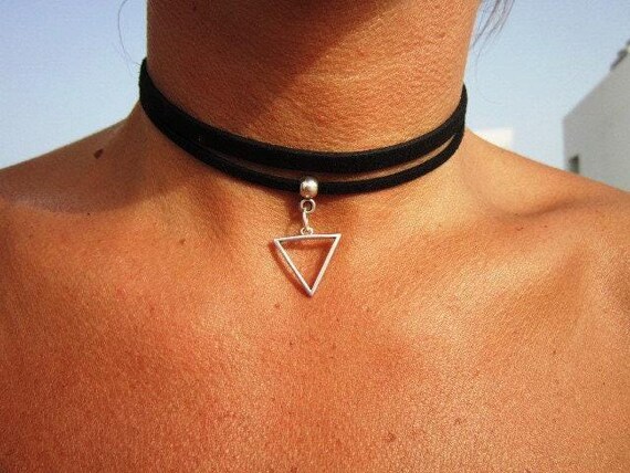 Bohemian Leather Choker Necklace silver beaded with geometric charm • Handmade personalized jewelry