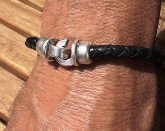 Silver and Leather mens bracelet, friendship couples bracelet, men cuff bracelet, handmade silver mens jewelry, unique gifts for men