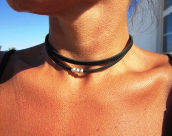 50% Rabatt Trendy Leder Choker, Leder und Silber Perlen Halskette, Boho Schmuck, Choker Halskette