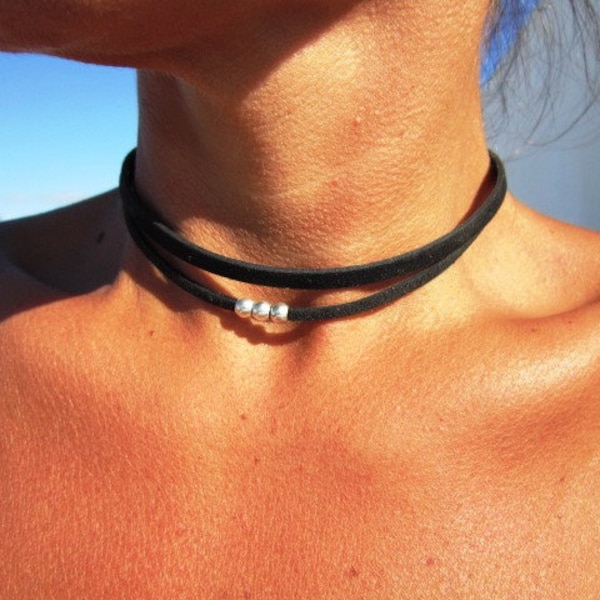 50% off Trendy leather choker, leather and silver beaded necklace, Bohemian jewelry, choker necklace