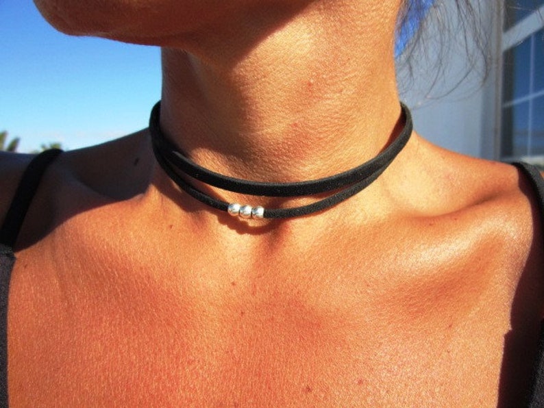 50% off Trendy leather choker, leather and silver beaded necklace, Bohemian jewelry, choker necklace zdjęcie 1