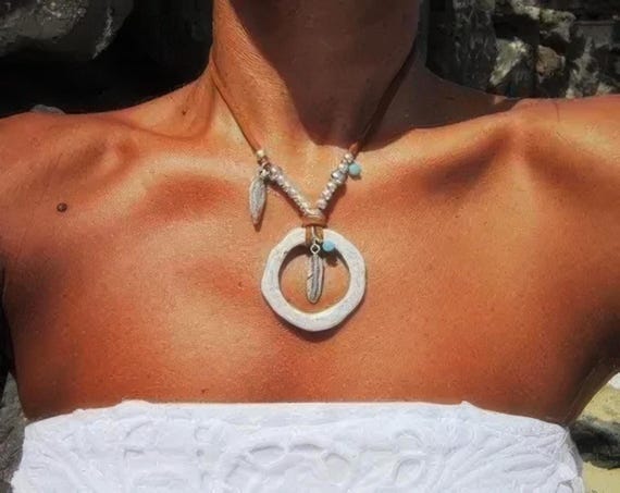 Boho Leather and Silver Beaded Pendant Ring Necklace • Long Statement Chunky Charm Necklace Gift for Her • Bohemian Jewelry Gift for Her