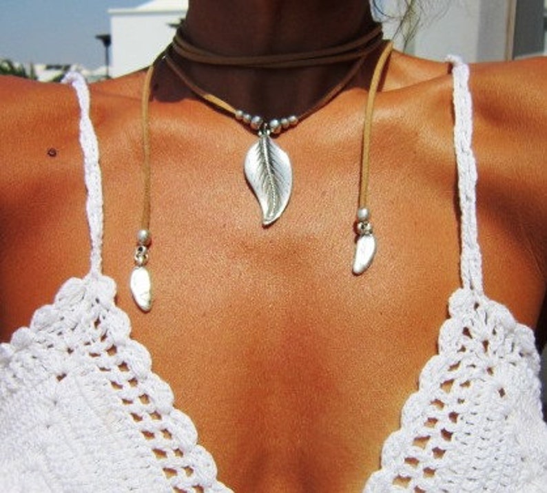 minimalist jewelry Wrap necklace with leaf pendant bohemian hippie jewelry boho necklaces