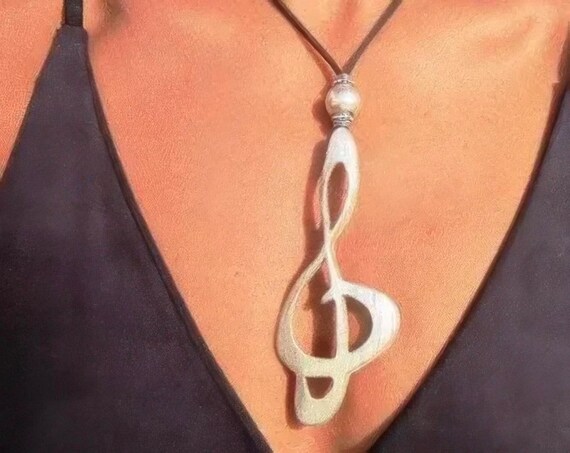 Boho Leather and Silver Beaded treble Sol Clef Pendant Necklace • Long Statement Chunky Charm Music Necklace Gift for Her