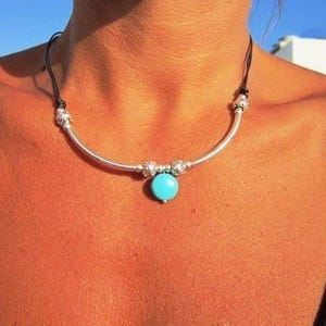 Turquoise silver & Leather Choker Necklace • Silver Necklaces for Women • Bohemian Handmade Turquoise Jewelry • Best selling items by kekugi