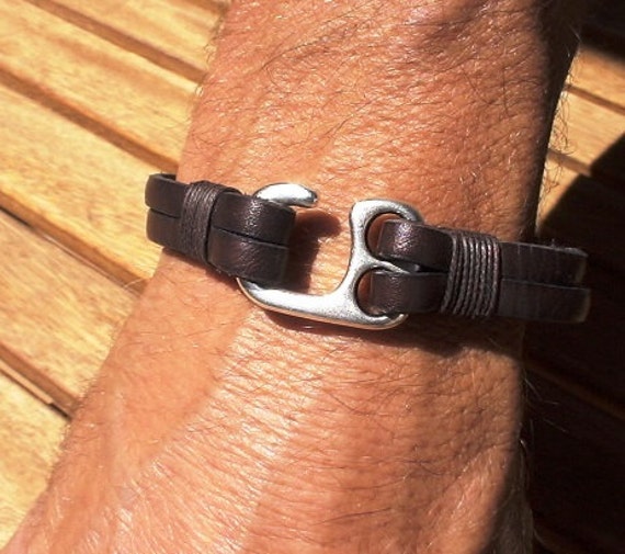 Hook silver and Leather mens bracelet, friendship couples bracelet, men cuff bracelet, handmade silver mens jewelry, unique gifts for men