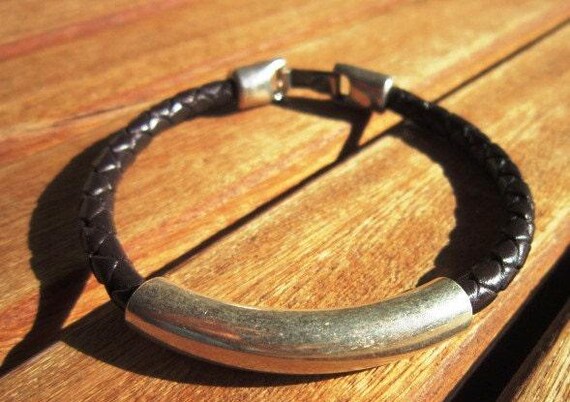 Silver & Leather Custom Bracelet Gift for Him• Personalized Handmade Jewelry Gift • Beaded Charm Bracelet Personalized Gifts