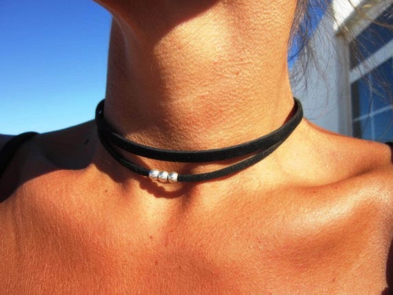 50% off Trendy leather choker, leather and silver beaded necklace, Bohemian jewelry, choker necklace