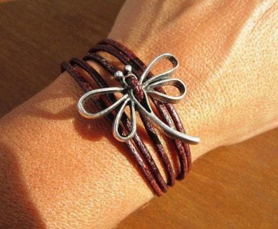 Silver & Leather Custom dragonfly Bracelet Gift for Her • Personalized Handmade Jewelry Gift • Beaded Charm Bracelet Personalized Gifts