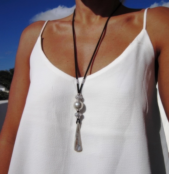 Boho Leather and Silver Beaded Pendant Necklace • Long Statement Chunky Charm Necklace Gift for Her • Bohemian Jewelry by kekugi