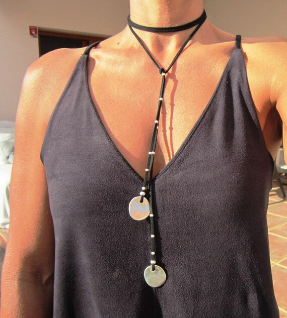 Boho Leather and Silver Beaded Pendant coin Necklace • Long Statement Chunky Charm Necklace Gift for Her • Bohemian Jewelry Galentine Gift